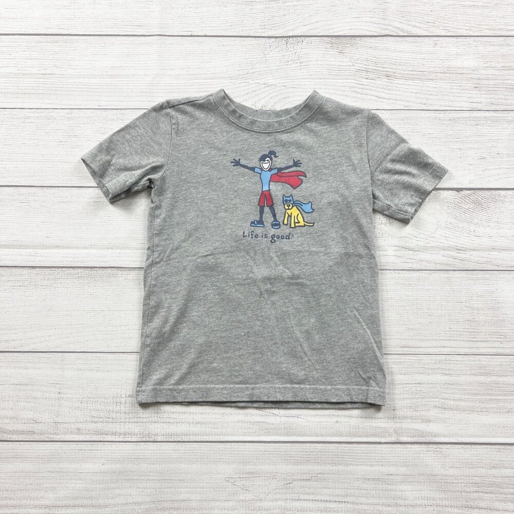 Life is Good Kids T-Shirt Gray Graphic Tee Superhero Dog XS 5-6